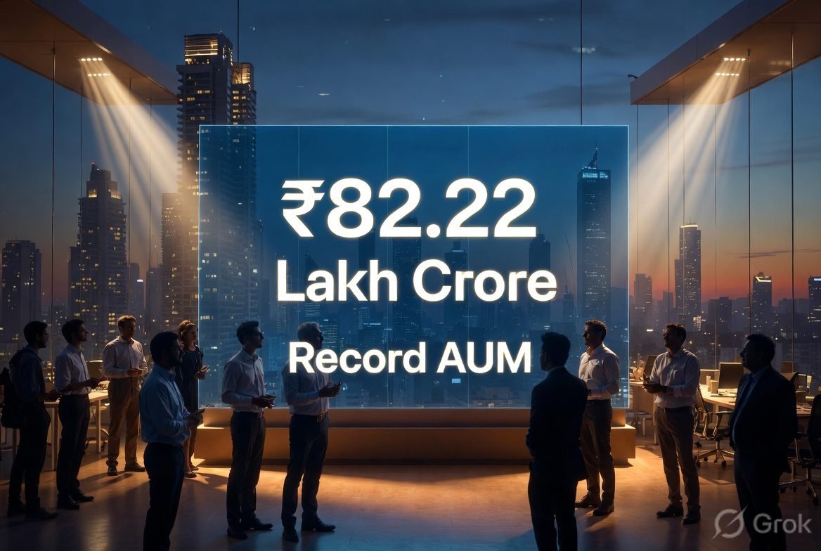 Indian Mutual Fund Industry Record AUM ₹82.22 Lakh Crore - June 2026 celebration in modern office with Mumbai skyline