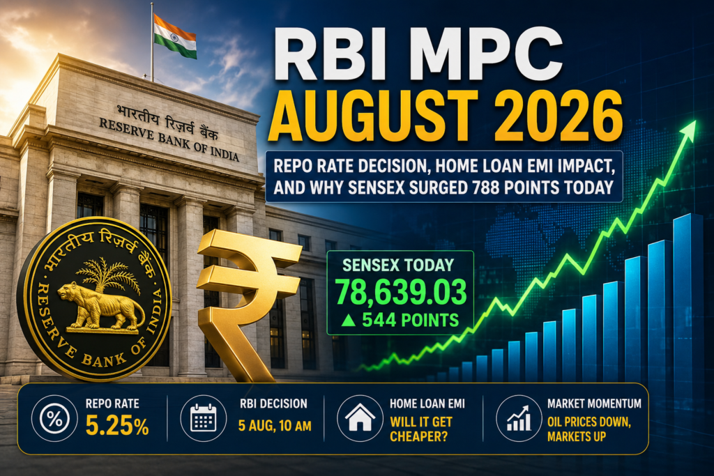 RBI MPC August 2026 repo rate decision with RBI headquarters, Indian rupee symbol, rising stock market chart, Sensex rally, and home loan EMI impact.