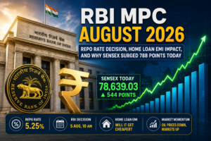 RBI MPC August 2026 repo rate decision with RBI headquarters, Indian rupee symbol, rising stock market chart, Sensex rally, and home loan EMI impact.