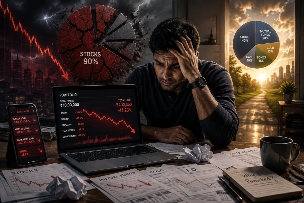 Worried Indian investor looking at a laptop showing heavy stock market losses while a cracked portfolio chart highlights poor asset allocation during a market crash.