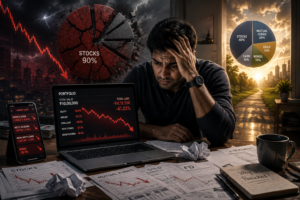 Worried Indian investor looking at a laptop showing heavy stock market losses while a cracked portfolio chart highlights poor asset allocation during a market crash.