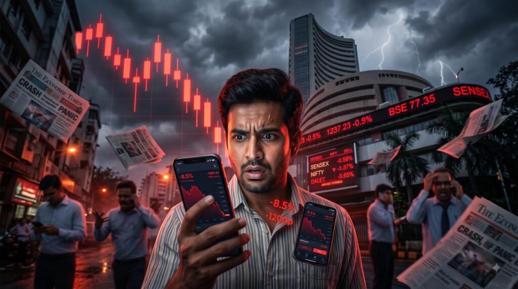 Fearful Indian investor watching Sensex and Nifty crash as stock market falls due to rising crude oil prices and Middle East tensions.