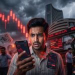 Fearful Indian investor watching Sensex and Nifty crash as stock market falls due to rising crude oil prices and Middle East tensions.