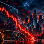 Stock market crash with falling red candlestick chart breaking through glass, Wall Street skyline and cracked golden bull statue.