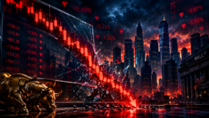 Stock market crash with falling red candlestick chart breaking through glass, Wall Street skyline and cracked golden bull statue.