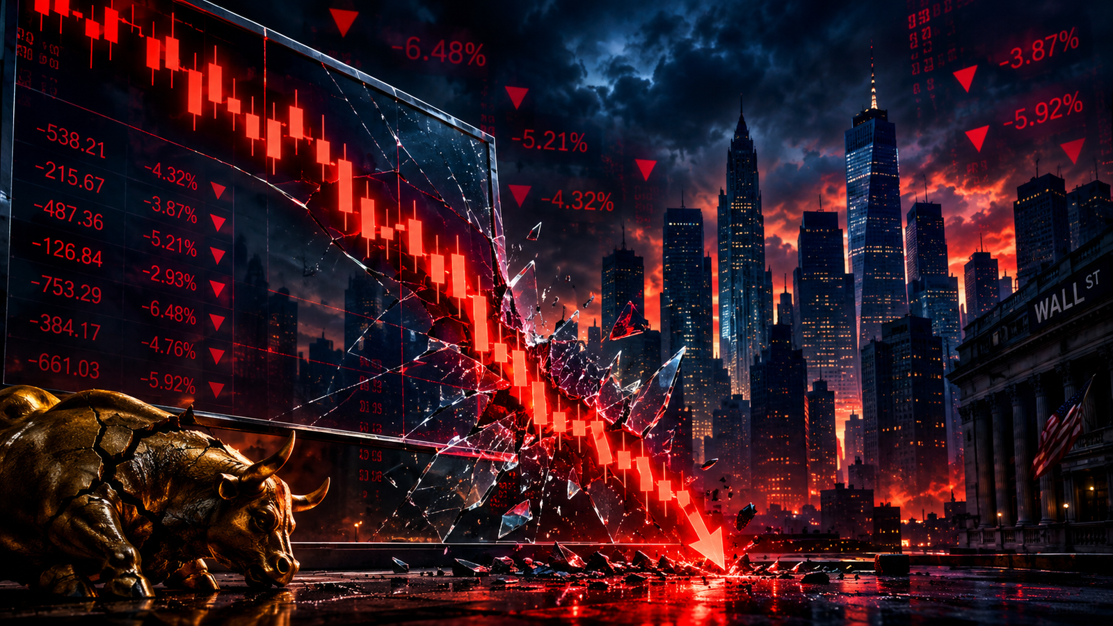 Stock market crash with falling red candlestick chart breaking through glass, Wall Street skyline and cracked golden bull statue.