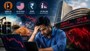 Worried Indian investor watching Indian stock market crash as Sensex and Nifty fall amid global market pressure